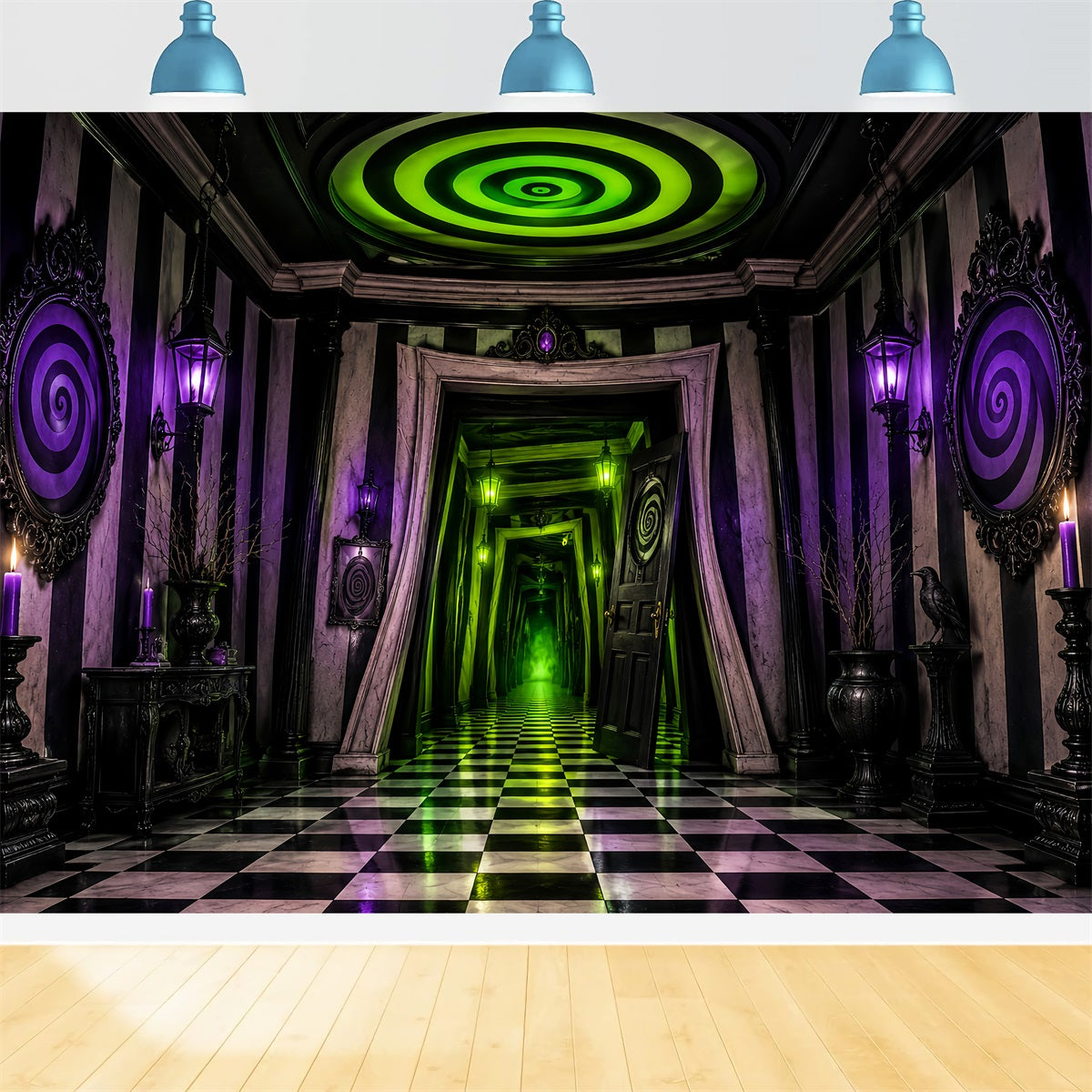 Spooky House Backdrop Neon Spiral Checkered Corridor Spooky Halloween Backdrops LXX67-252