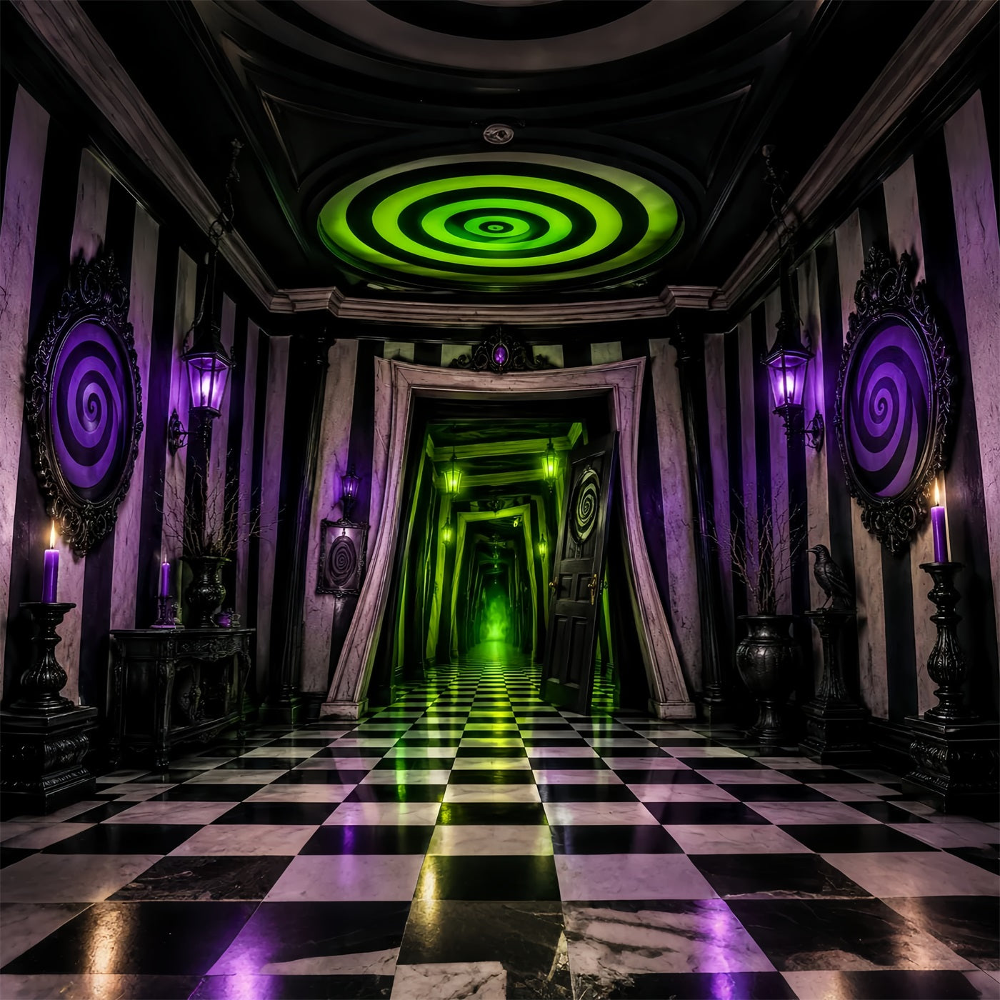 Spooky House Backdrop Neon Spiral Checkered Corridor Spooky Halloween Backdrops LXX67-252