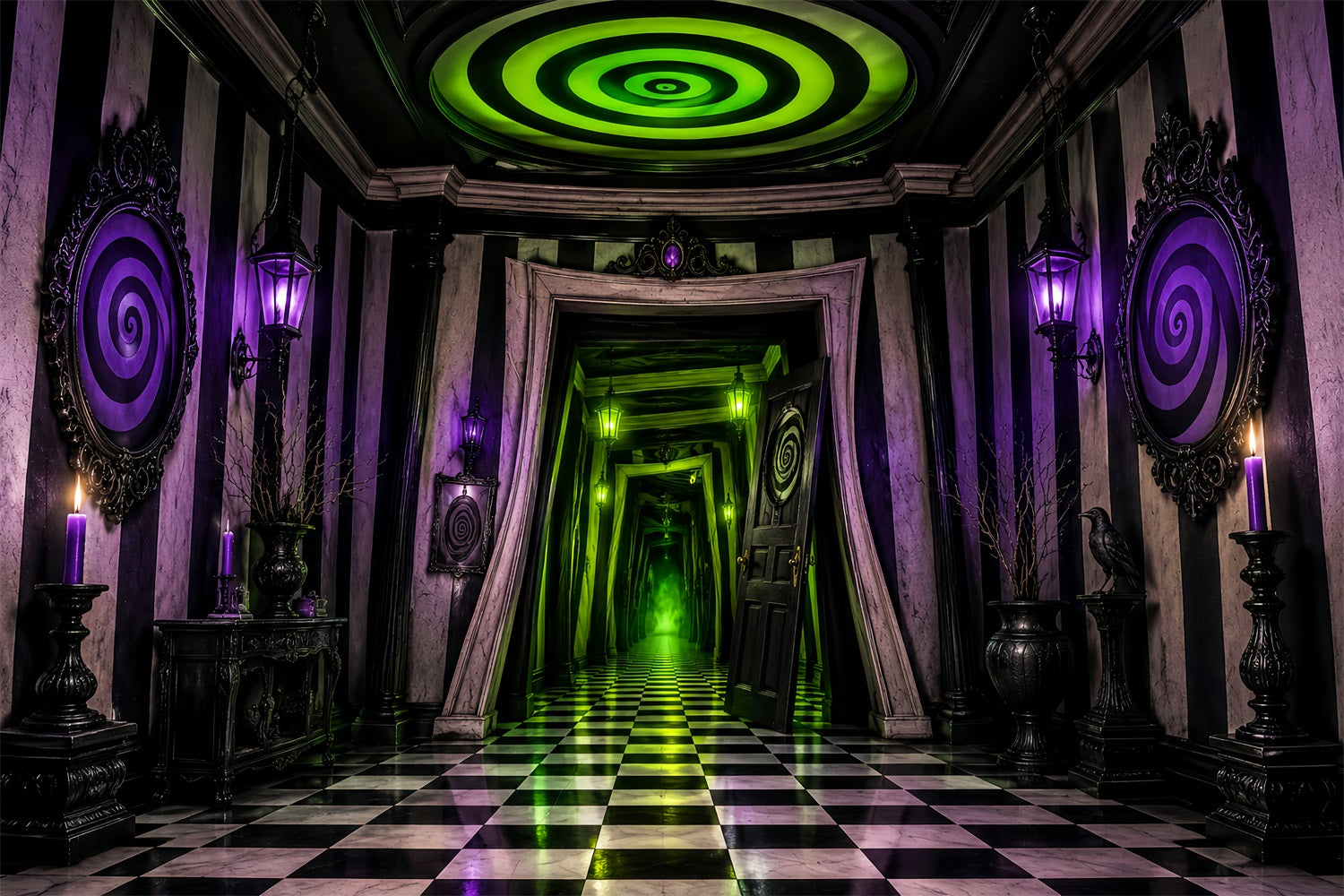 Spooky House Backdrop Neon Spiral Checkered Corridor Spooky Halloween Backdrops LXX67-252