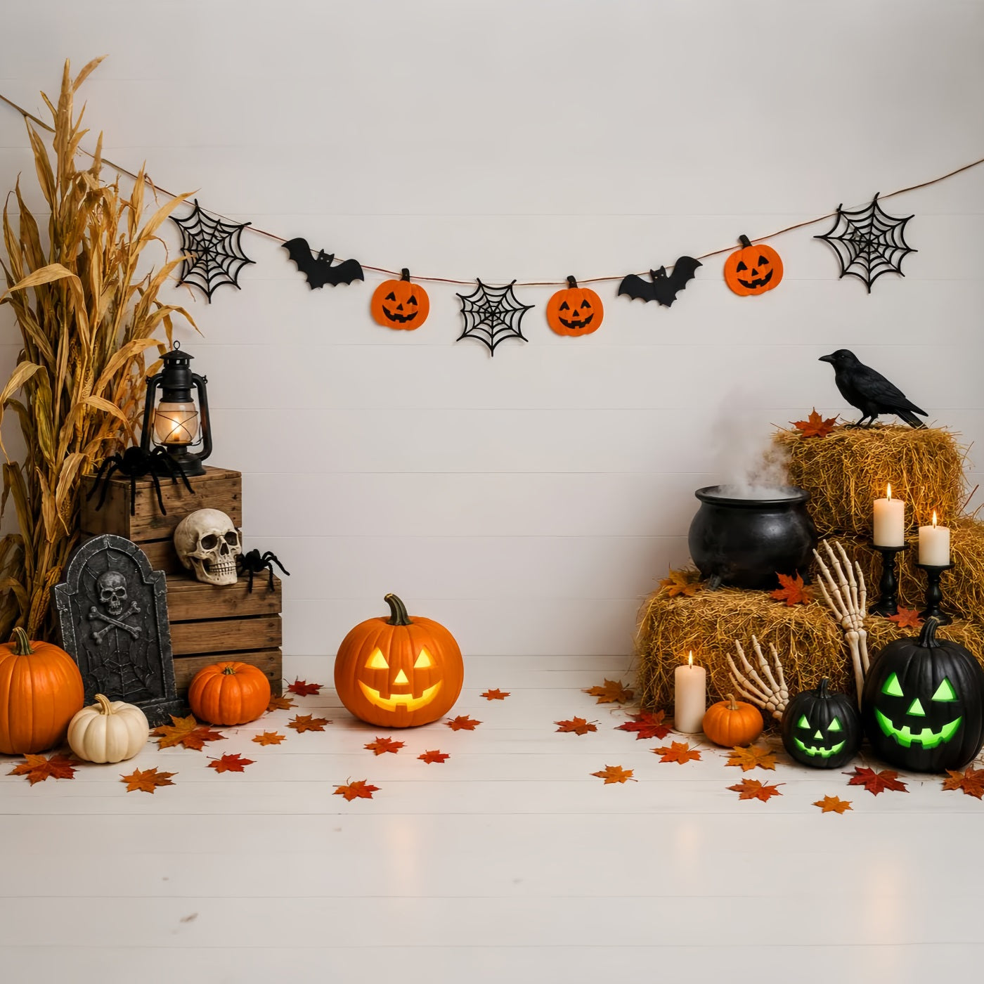 Graveyard Backdrops Rustic Pumpkin Cauldron Display Halloween Birthday Backdrop LXX67-254