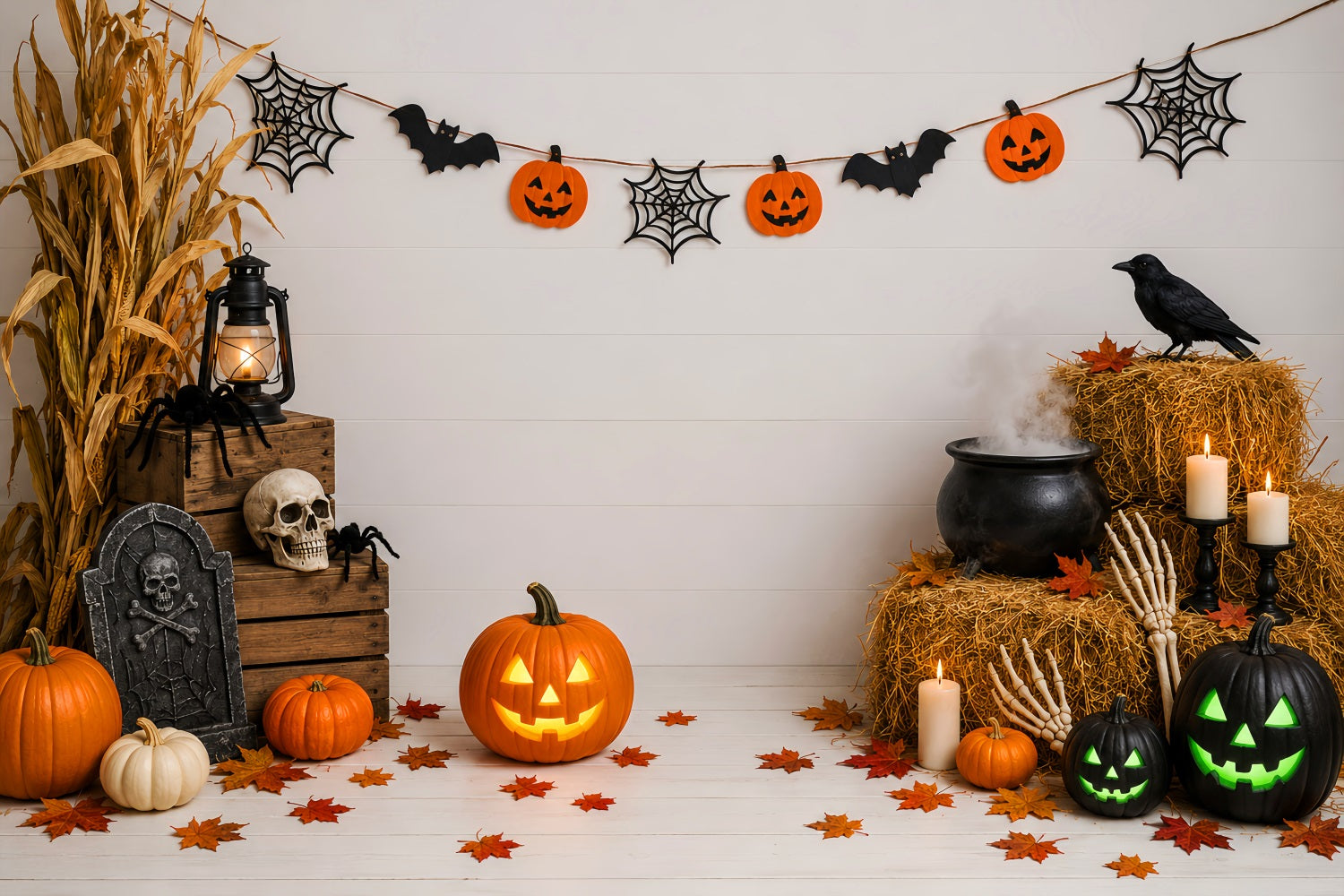 Graveyard Backdrops Rustic Pumpkin Cauldron Display Halloween Birthday Backdrop LXX67-254