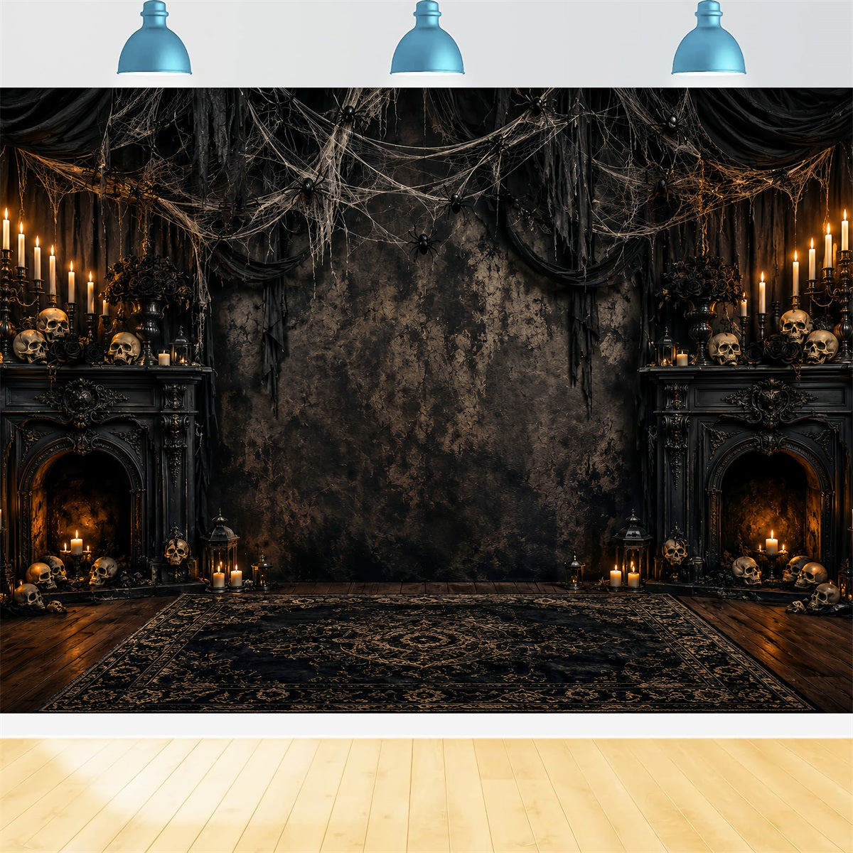 Spider Web Backdrop Candlelit Skull Fireplace Halloween Photoshoot Backdrop LXX67-255