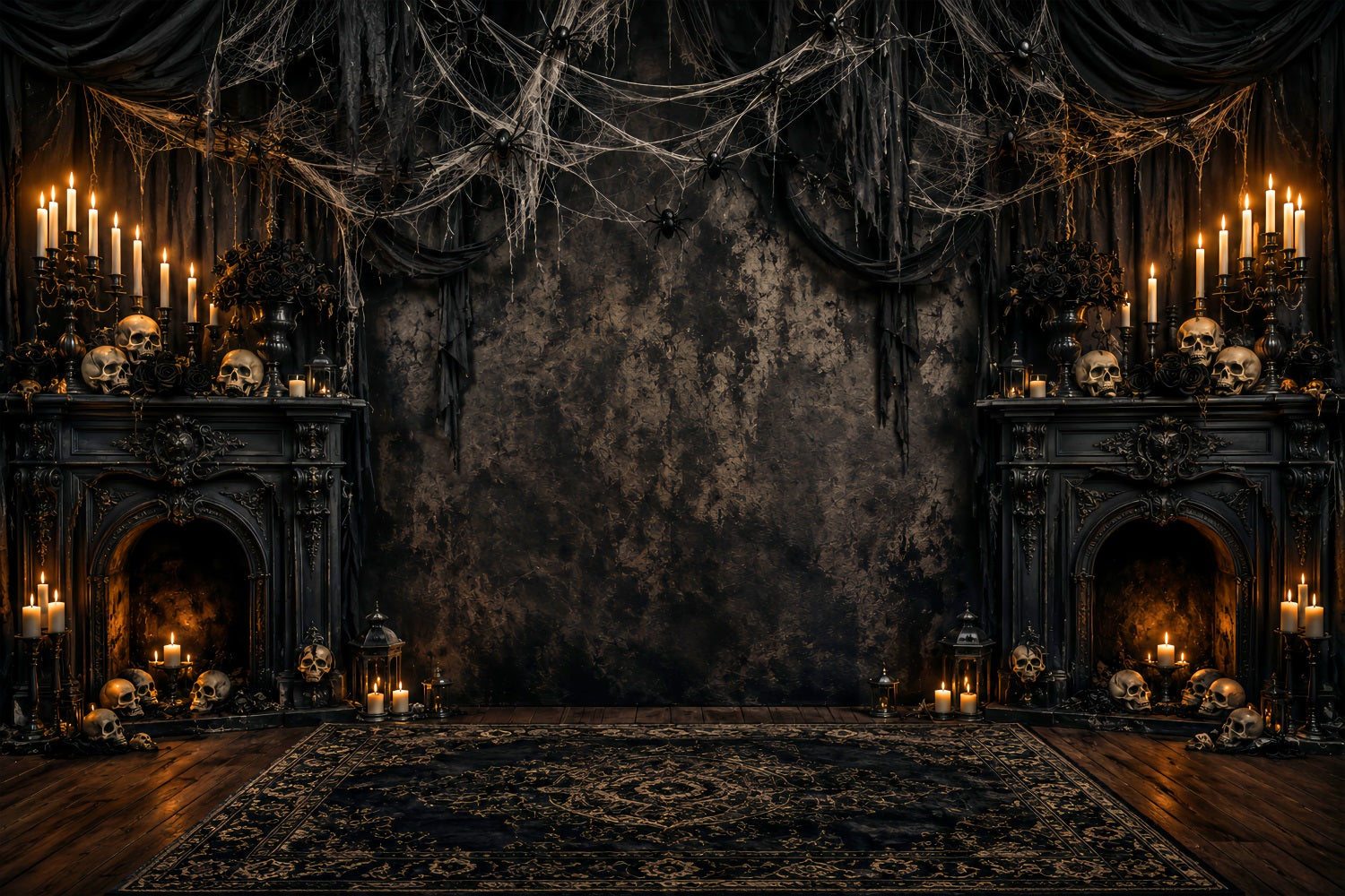 Spider Web Backdrop Candlelit Skull Fireplace Halloween Photoshoot Backdrop LXX67-255