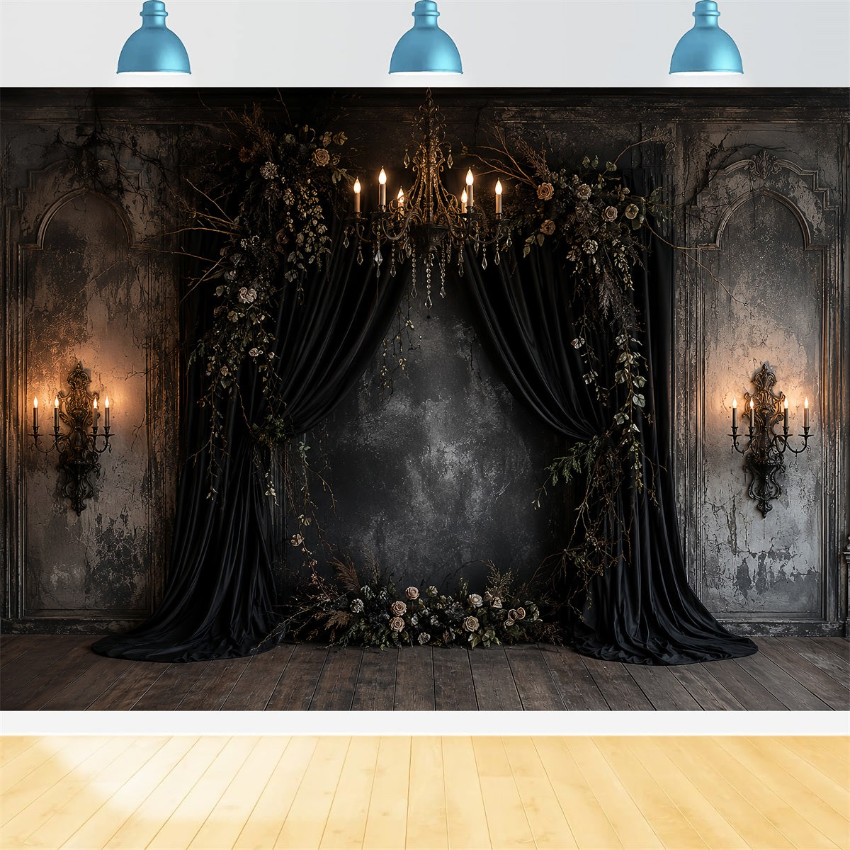 Pumpkin Backdrops Black Draped Floral Alcove Gothic Wedding Backdrop LXX67-257