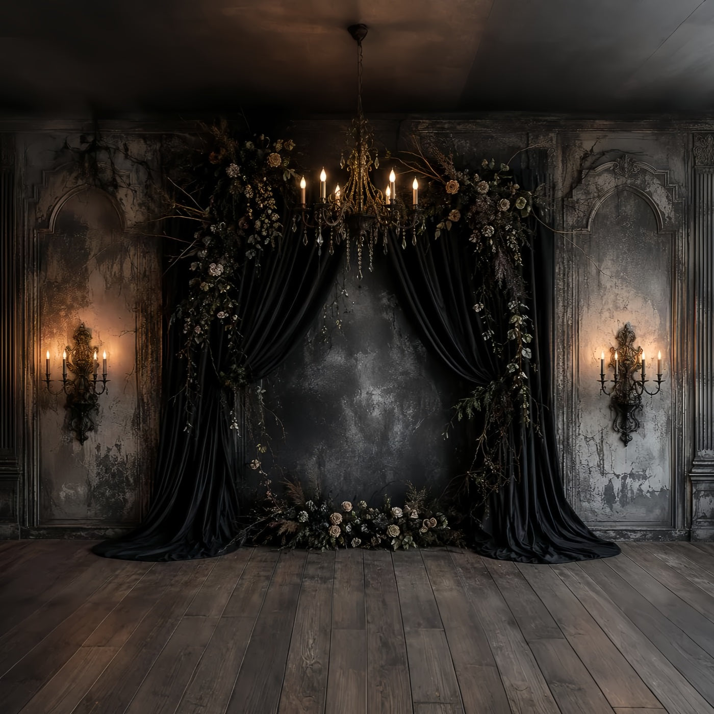 Pumpkin Backdrops Black Draped Floral Alcove Gothic Wedding Backdrop LXX67-257