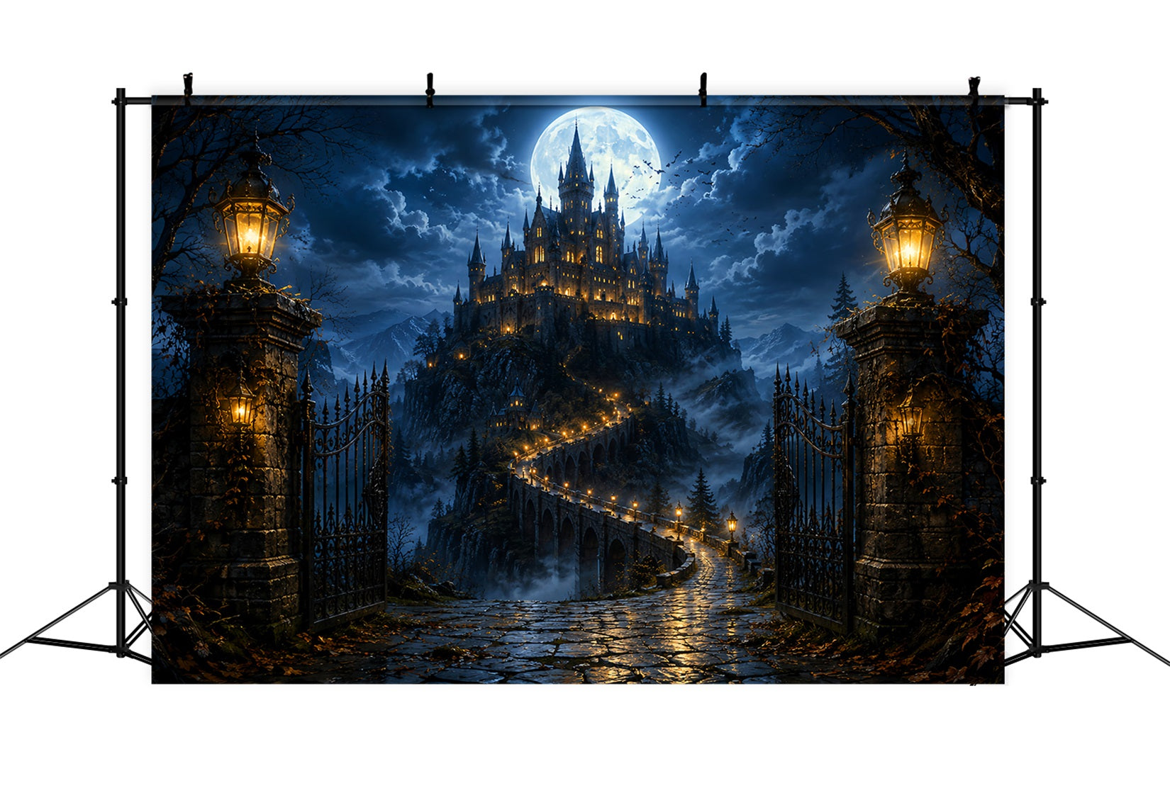 Haunted Cemetery Backdrop Moonlit Castle Bridge Gateway Magic Kingdom Backdrop LXX67-258