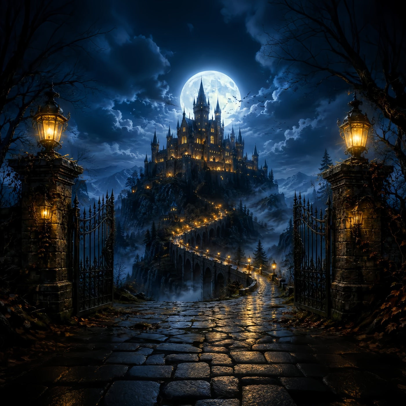 Haunted Cemetery Backdrop Moonlit Castle Bridge Gateway Magic Kingdom Backdrop LXX67-258