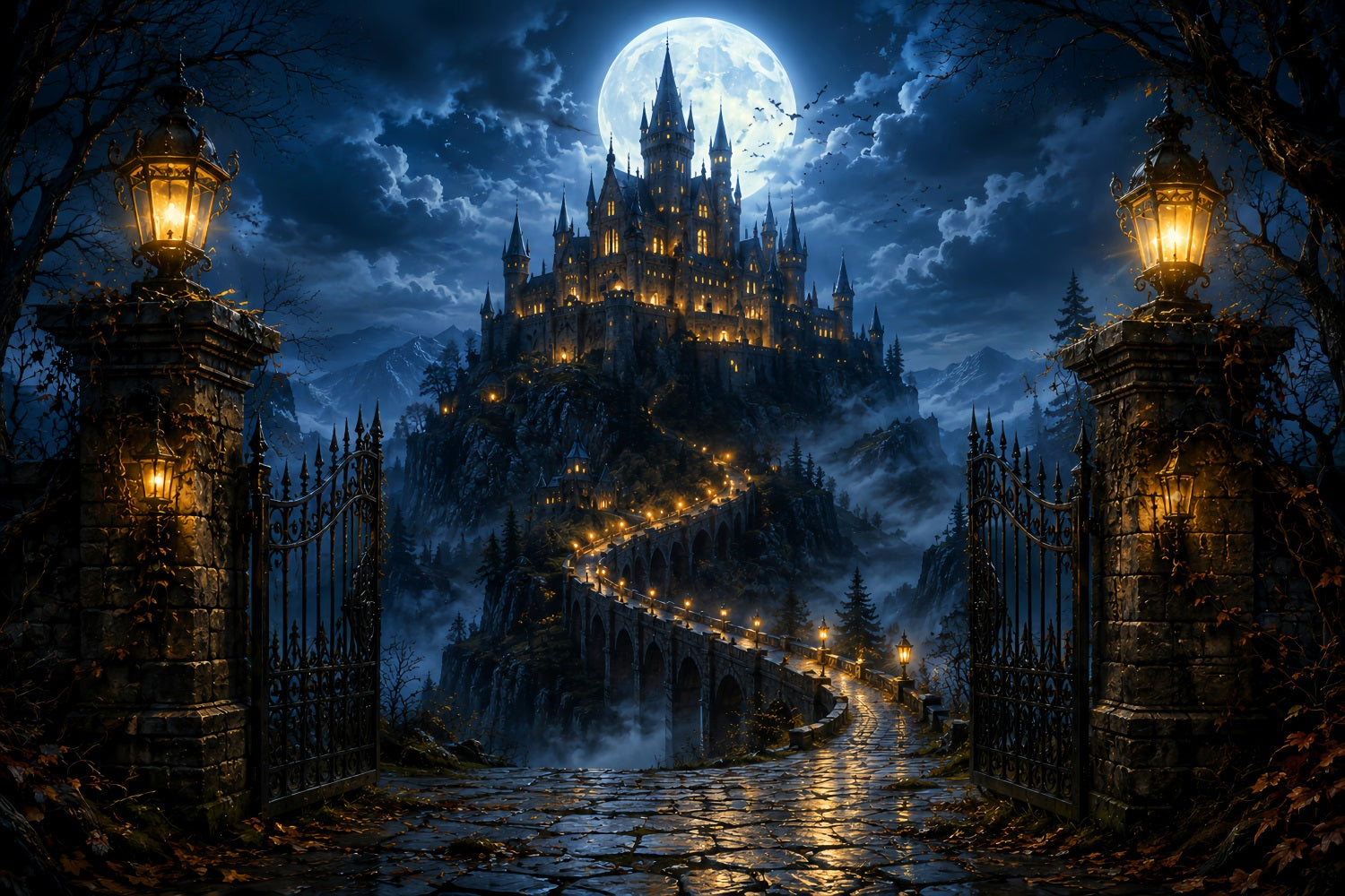 Haunted Cemetery Backdrop Moonlit Castle Bridge Gateway Magic Kingdom Backdrop LXX67-258