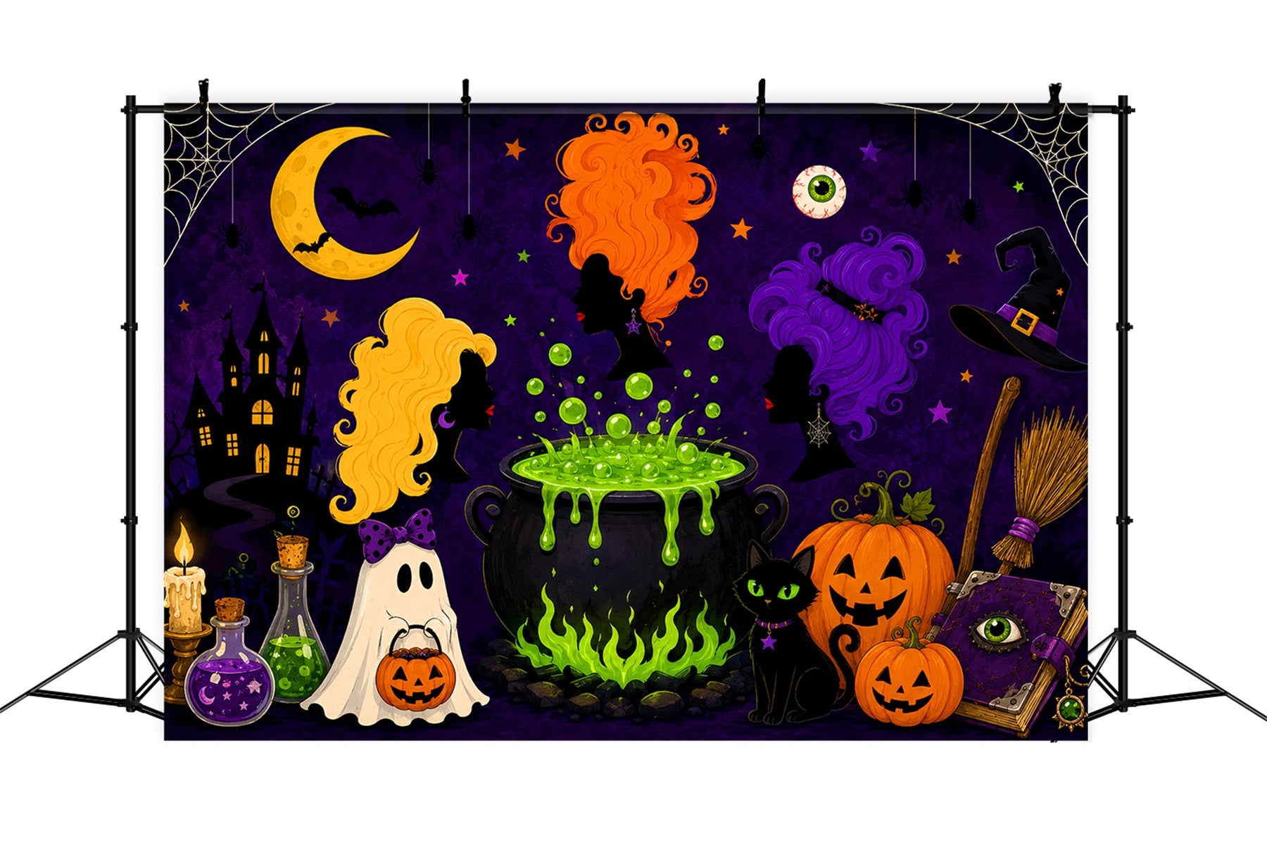 Halloween Moon Backdrop Cartoon Witch Cauldron Gathering Magic Backdrop LXX67-259