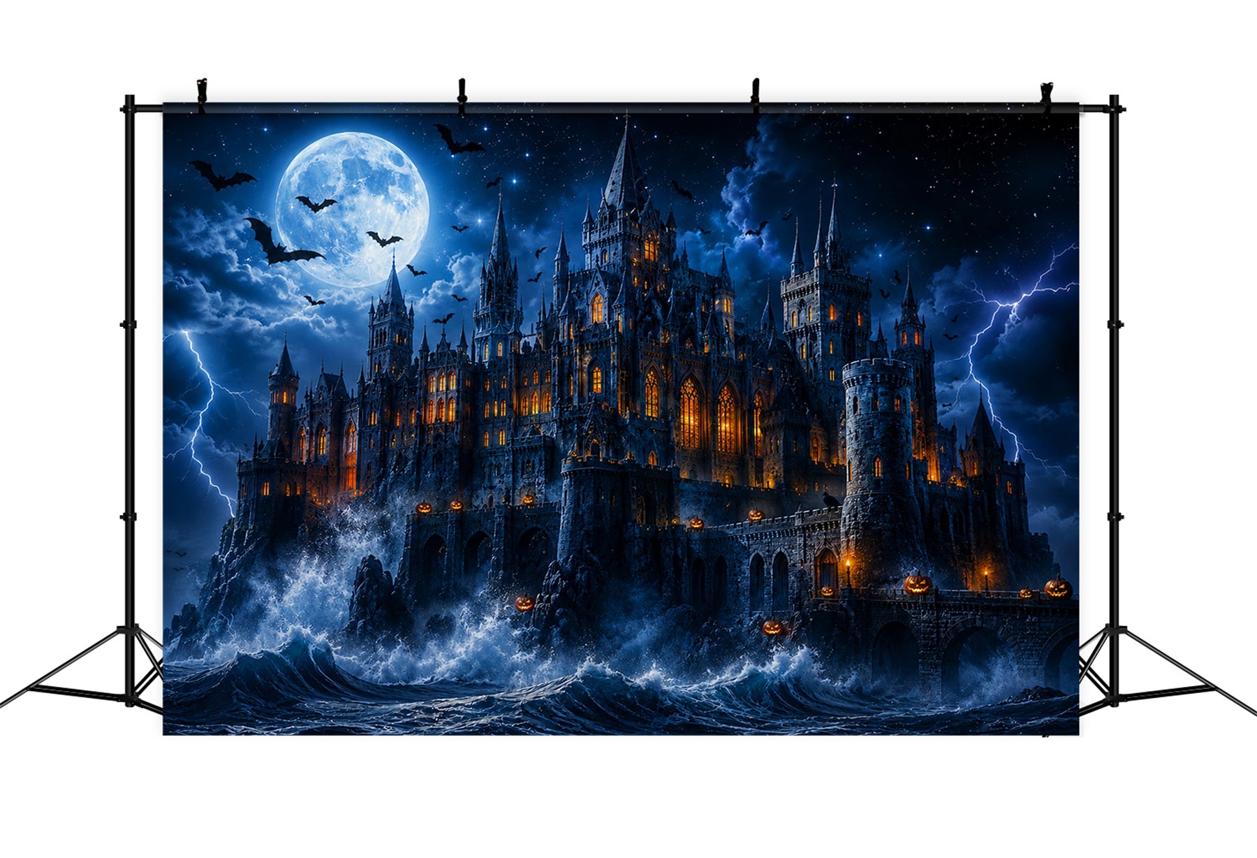 Halloween Castle Backdrop Stormy Moonlit Ocean Scary Backdrops For Halloween LXX67-260
