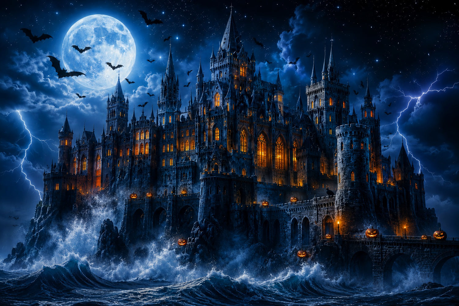 Halloween Castle Backdrop Stormy Moonlit Ocean Scary Backdrops For Halloween LXX67-260