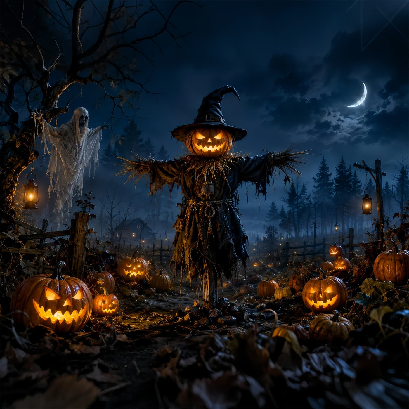 Pumpkin Patch Backdrops Scarecrow Ghost Field Halloween Themed Backdrop LXX67-261