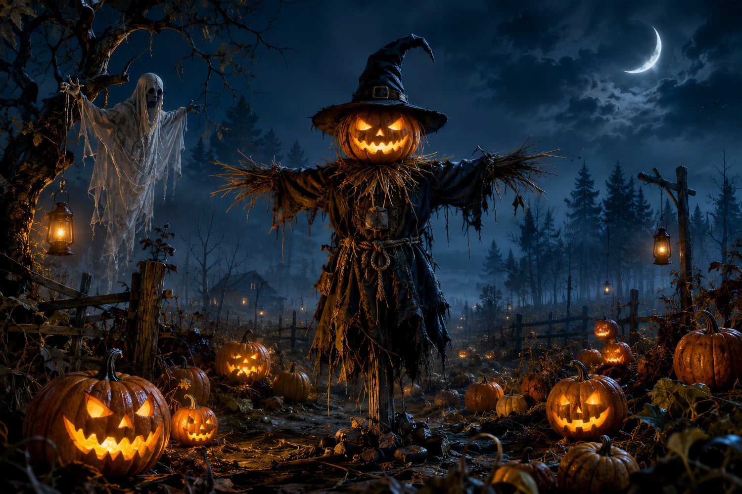 Pumpkin Patch Backdrops Scarecrow Ghost Field Halloween Themed Backdrop LXX67-261