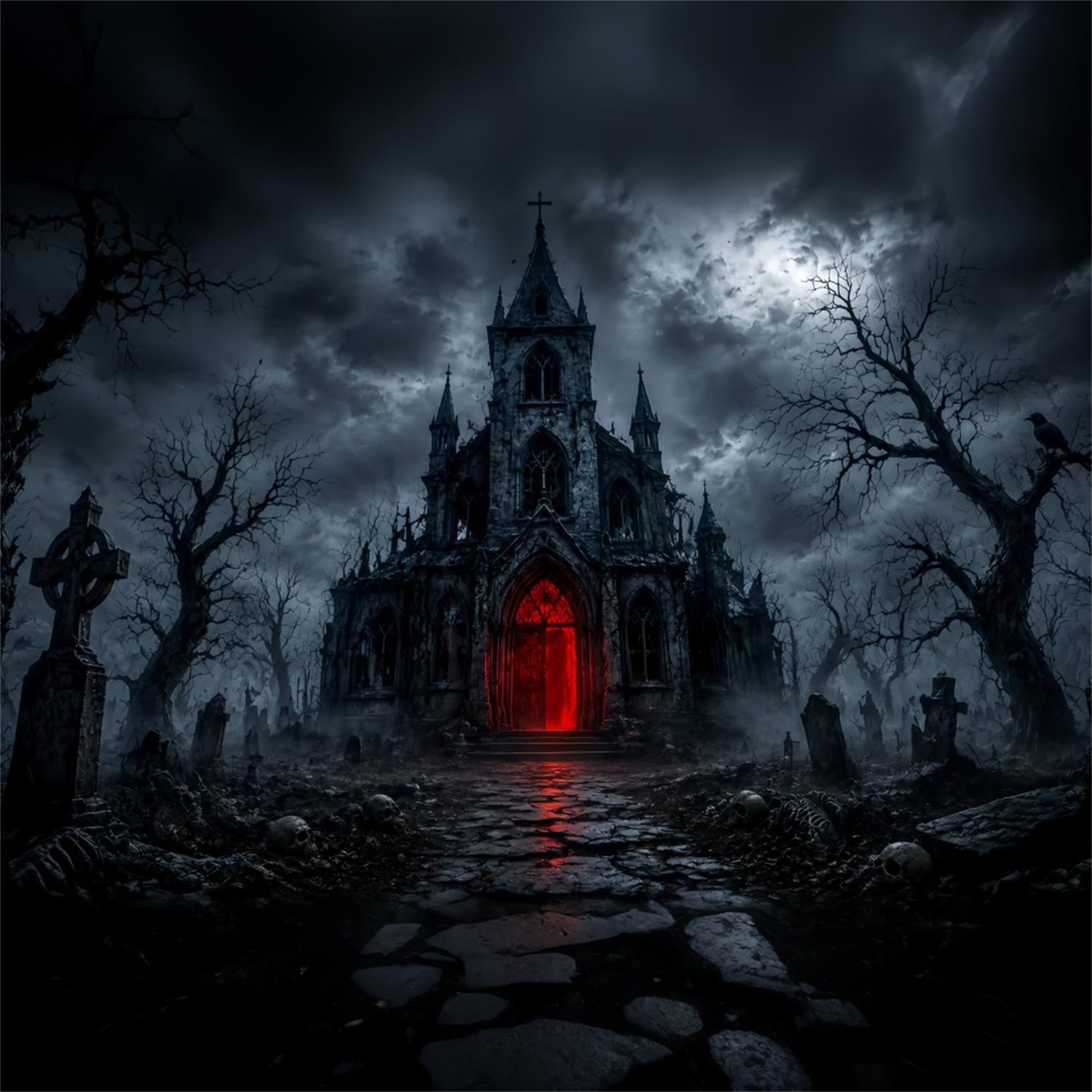 Halloween House Backdrop Gothic Church Red Portal Halloween Cemetery Backdrop LXX67-28