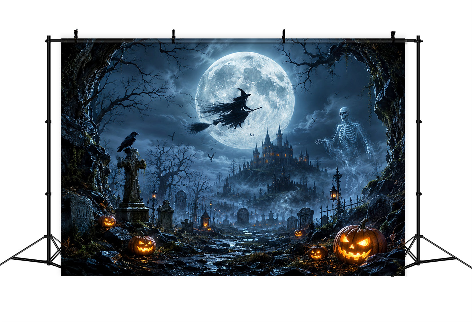 Scary Halloween Backdrop Ideas Moonlit Witch Skeleton Graveyard Halloween Photoshoot Backdrop LXX67-29