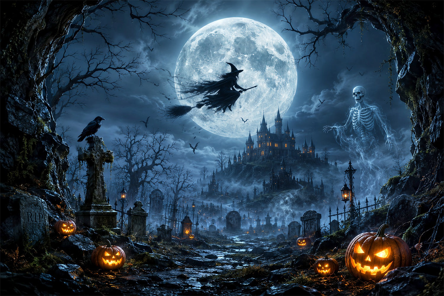 Scary Halloween Backdrop Ideas Moonlit Witch Skeleton Graveyard Halloween Photoshoot Backdrop LXX67-29