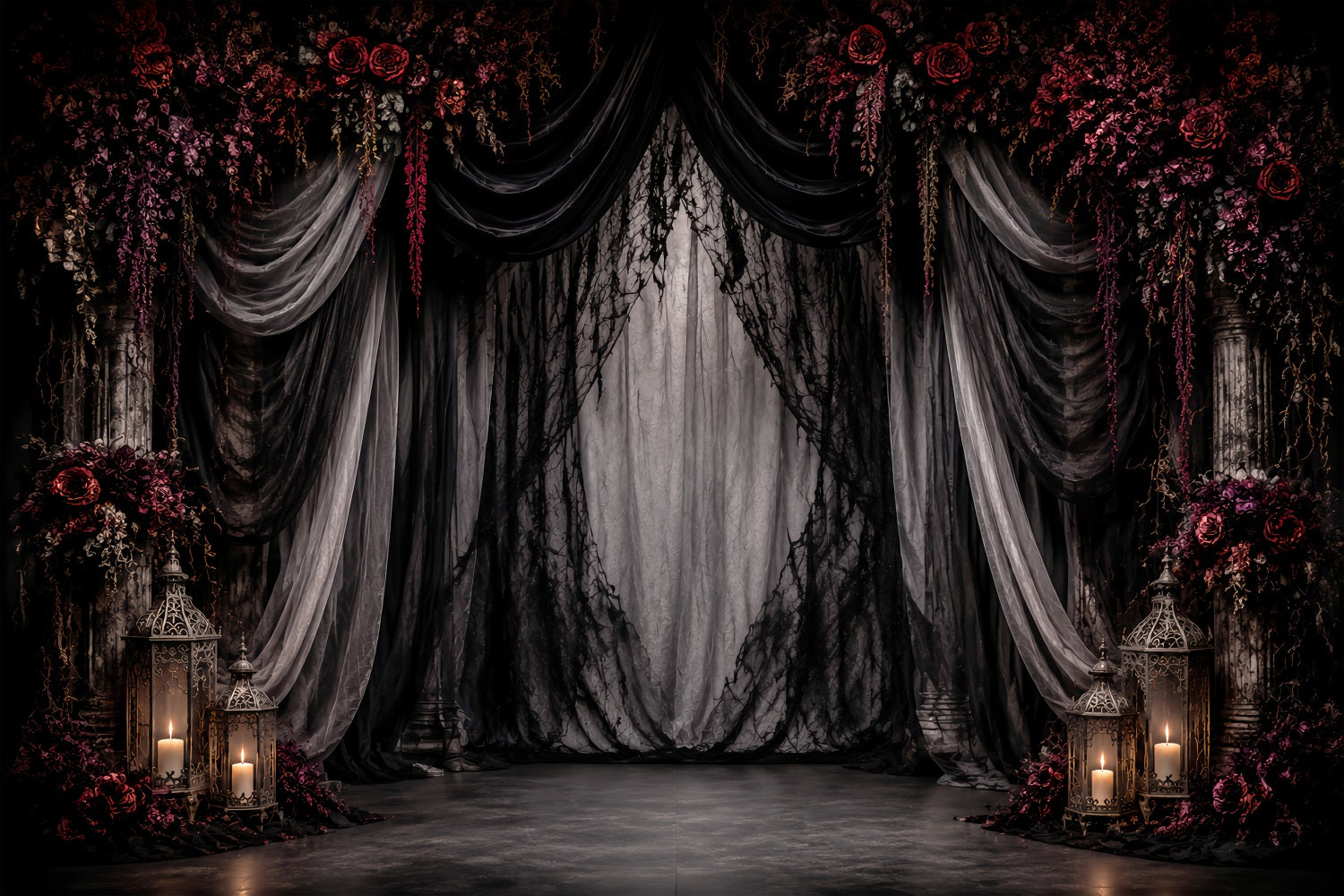 Halloween Wedding Backdrop Gothic Drapery Crimson Roses Halloween Photo Backdrop LXX67-3