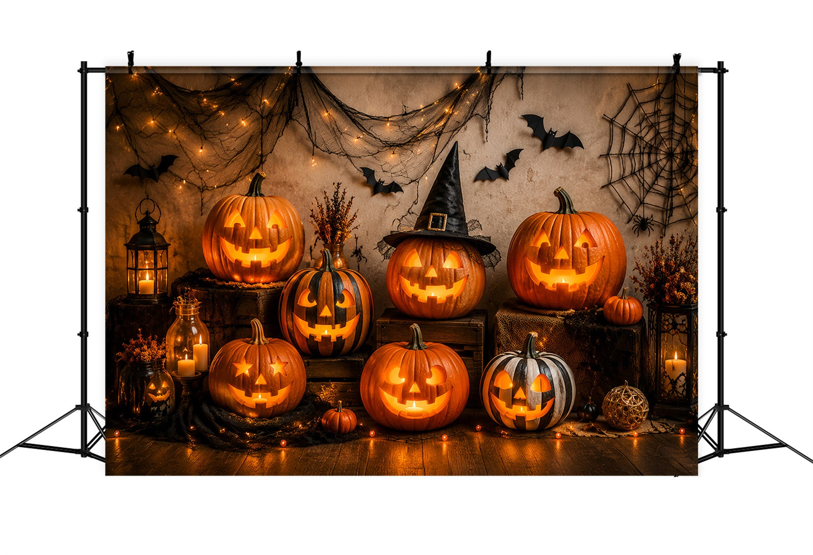 Fabric Halloween Backdrop Glowing Pumpkin Lantern Display Halloween Backdrop For Pictures LXX67-30