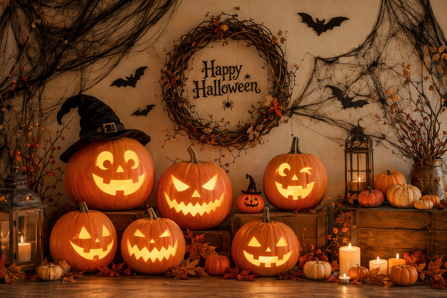 Fabric Halloween Backdrop Rustic Pumpkin Wreath Arrangement Halloween Backdrop For Pictures LXX67-31