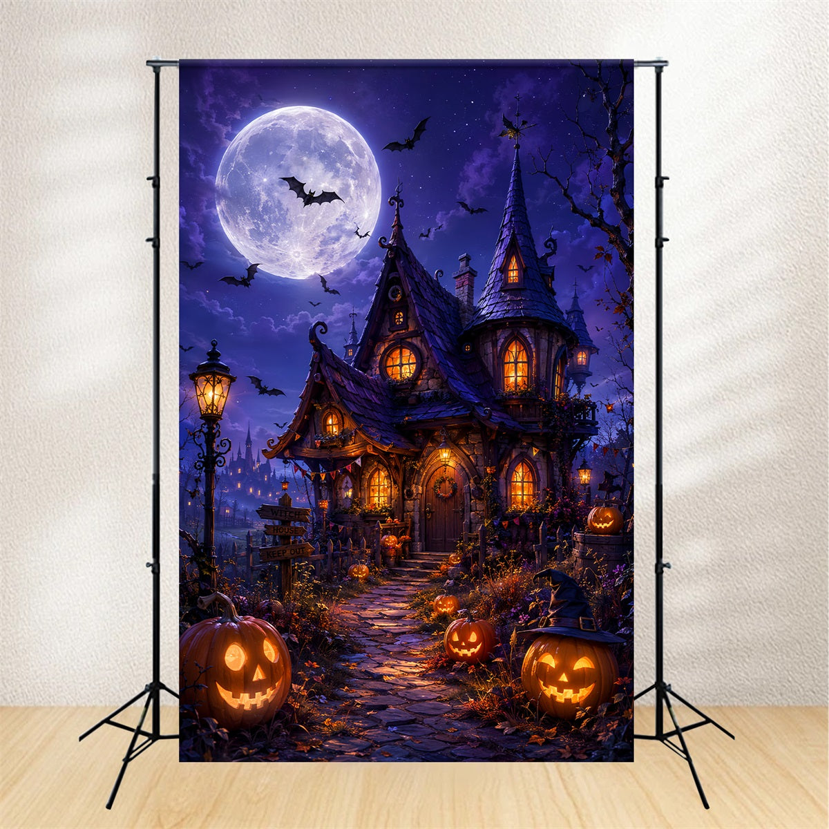DIY Halloween Backdrop Ideas Moonlit Witch Cottage Pumpkins Scary Backdrops For Halloween LXX67-33