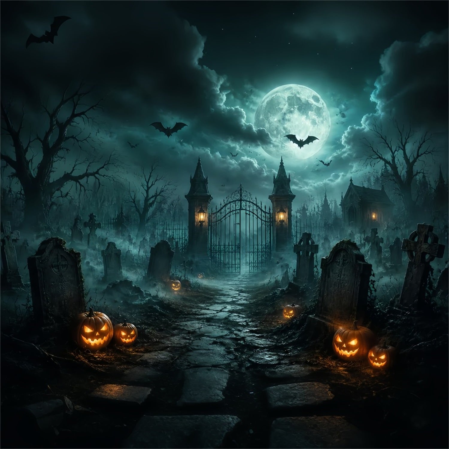 Halloween Forest Backdrop Foggy Cemetery Gate Pumpkins Vintage Halloween Backdrop LXX67-34