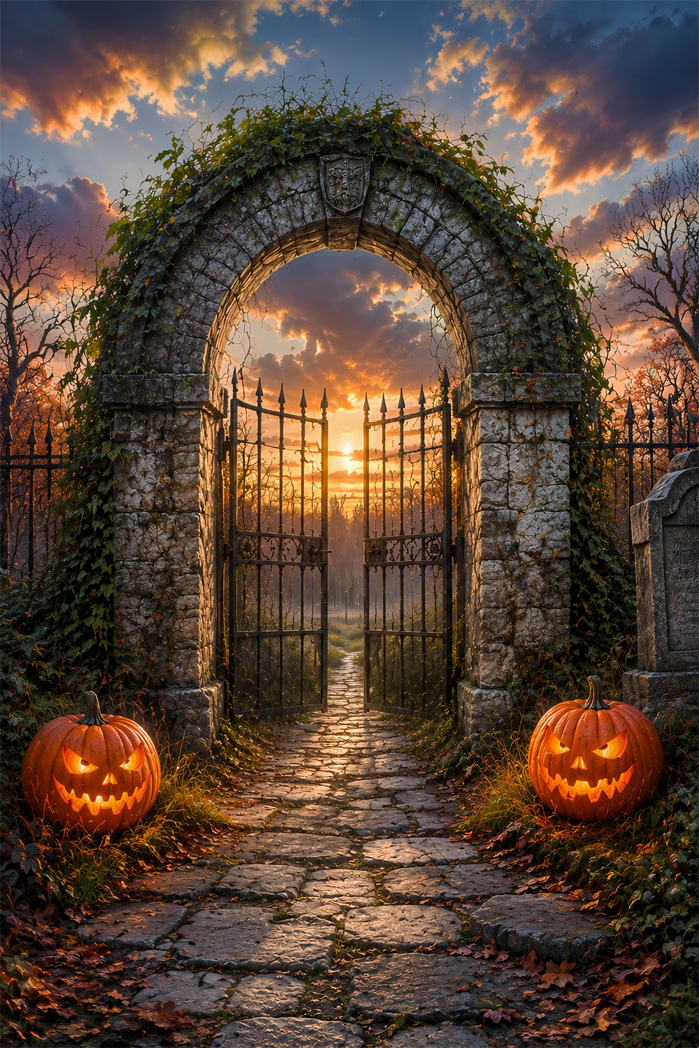 Halloween Arch Backdrop Sunset Cemetery Arch Pumpkins Large Halloween Backdrops LXX67-35
