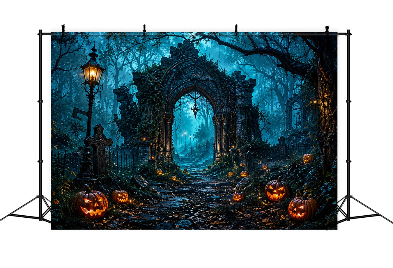 Halloween Arch Backdrop Haunted Forest Ruins Pumpkins Large Halloween Backdrops LXX67-36