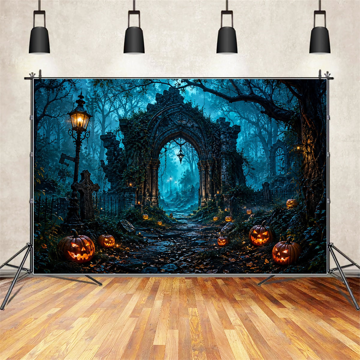 Halloween Arch Backdrop Haunted Forest Ruins Pumpkins Large Halloween Backdrops LXX67-36