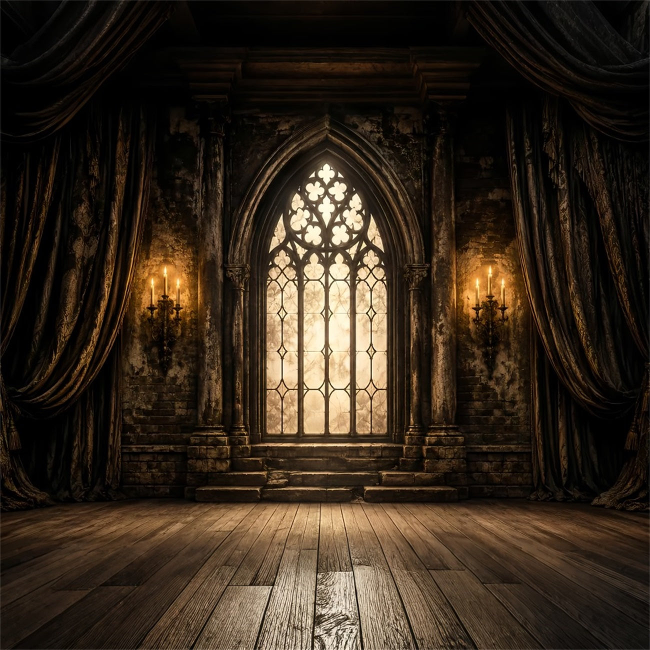 Halloween Stage Backdrop Gothic Cathedral Window Candles Halloween Photography Backdrops LXX67-38