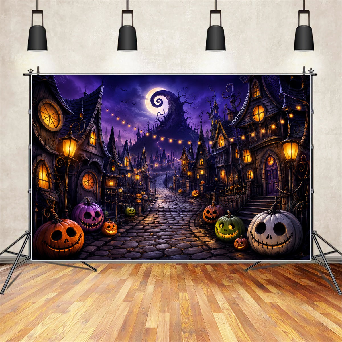 Photography Backdrops Halloween Purple Pumpkin Village Street Halloween Town Backdrop LXX67-40