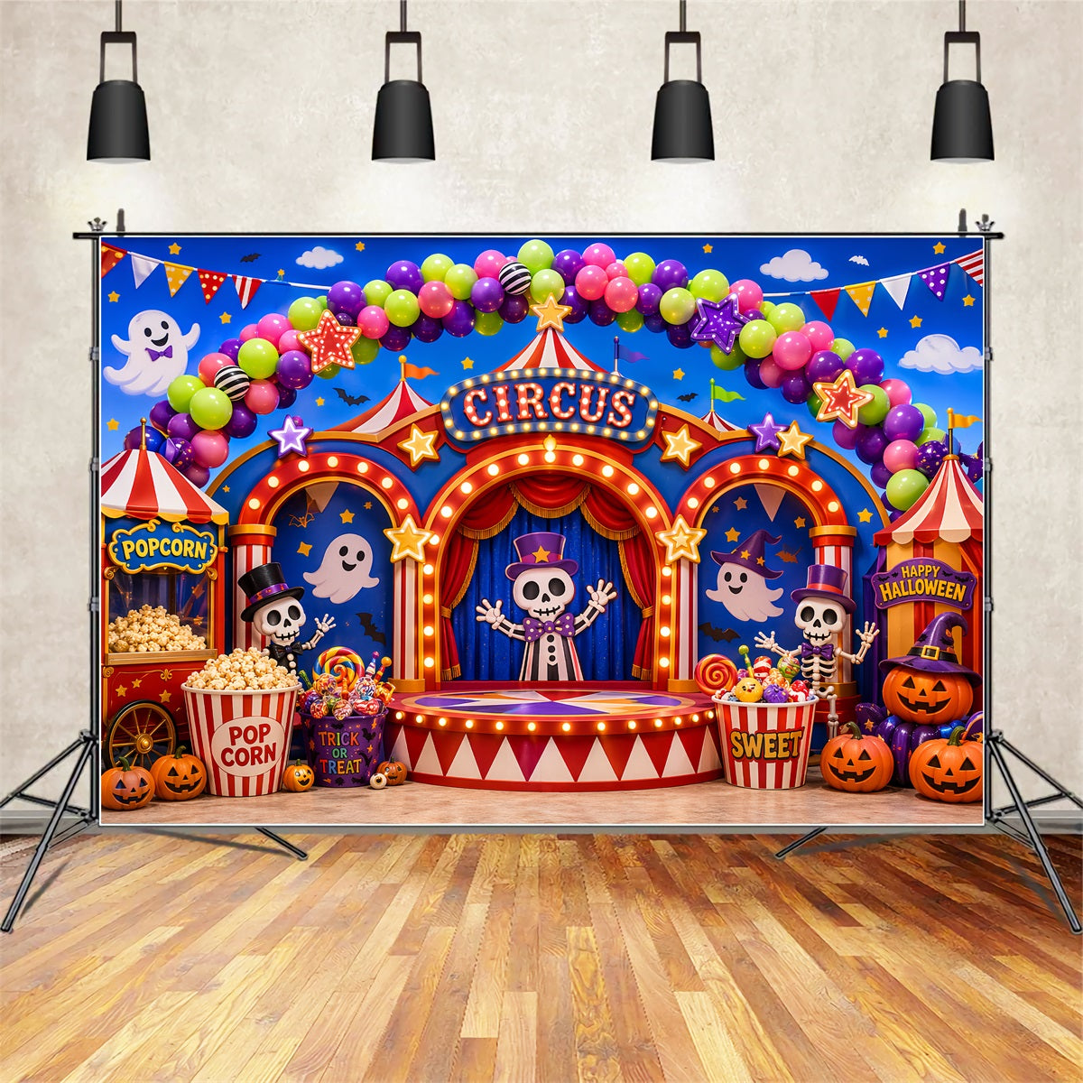 Halloween Carnival Backdrop Skeleton Circus Candy Stage DIY Halloween Backdrop LXX67-44