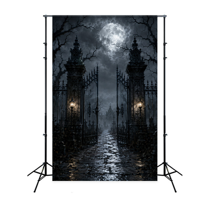 Halloween Cloth Backdrop Moonlit Cemetery Iron Gate Graveyard Halloween Backdrops LXX67-47