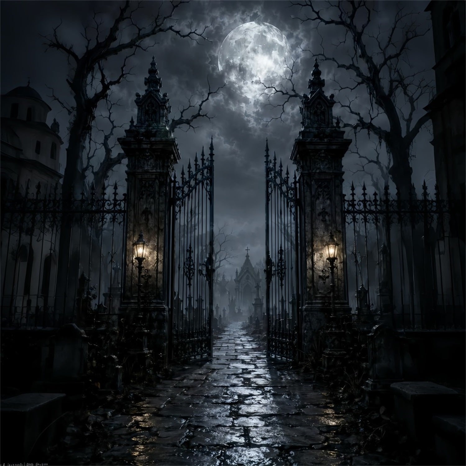 Halloween Cloth Backdrop Moonlit Cemetery Iron Gate Graveyard Halloween Backdrops LXX67-47