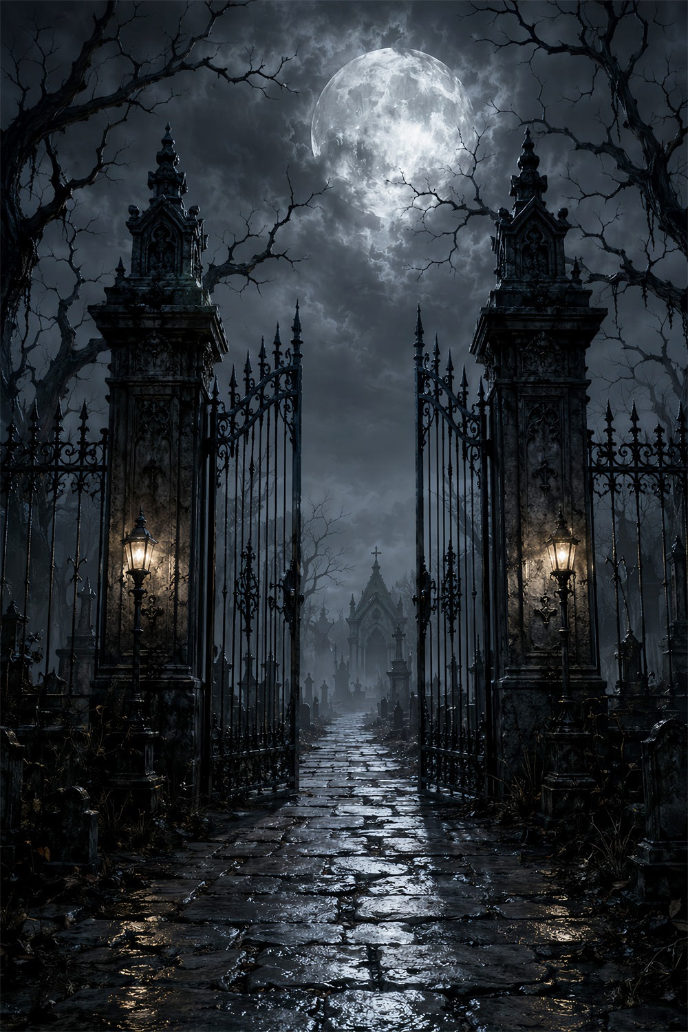 Halloween Cloth Backdrop Moonlit Cemetery Iron Gate Graveyard Halloween Backdrops LXX67-47