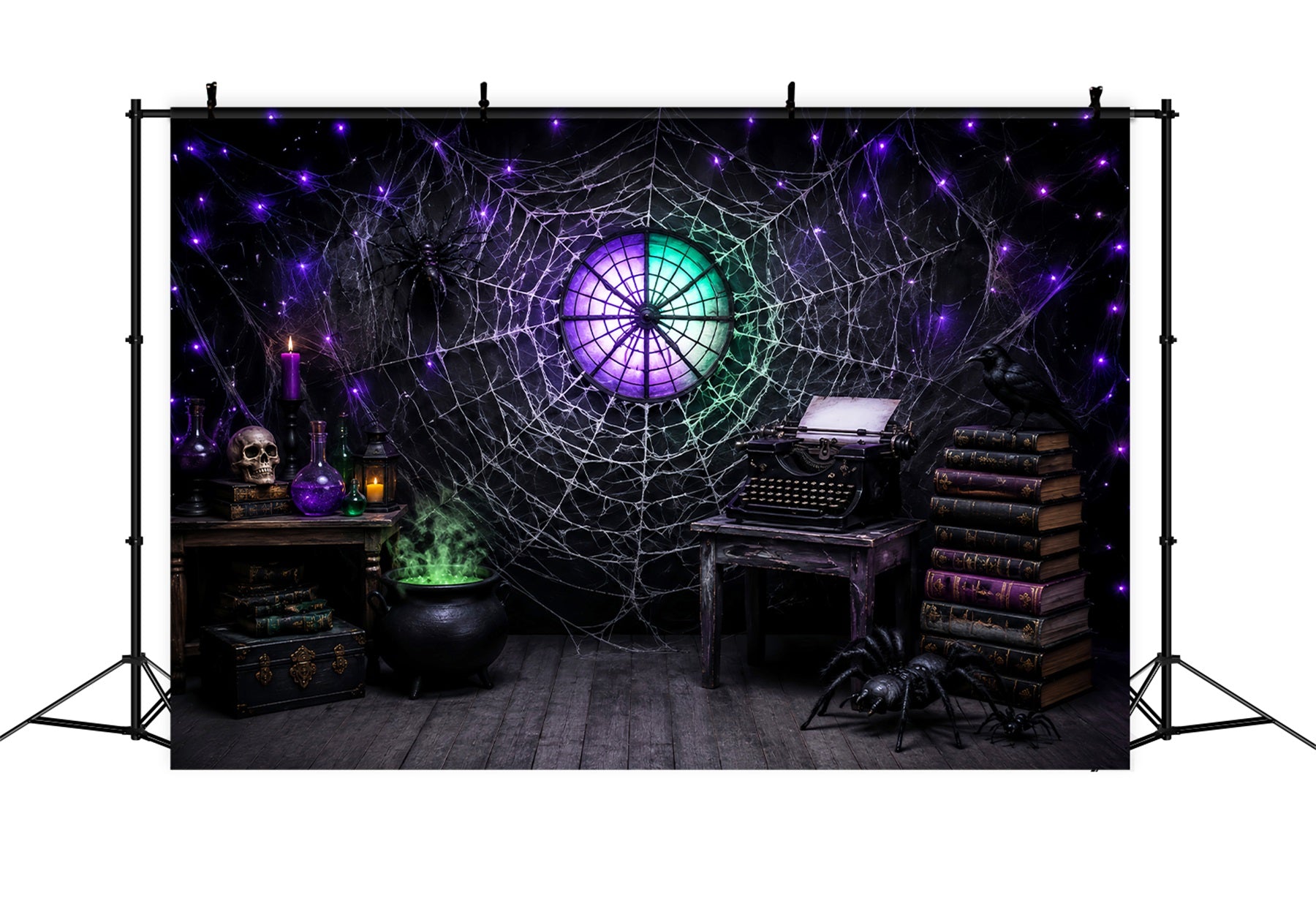 Halloween Backdrop Ideas DIY Cobweb Typewriter Spellbook Study Purple Halloween Backdrop LXX67-48