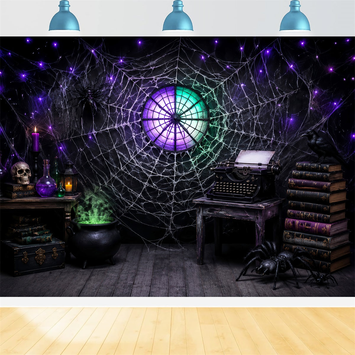 Halloween Backdrop Ideas DIY Cobweb Typewriter Spellbook Study Purple Halloween Backdrop LXX67-48