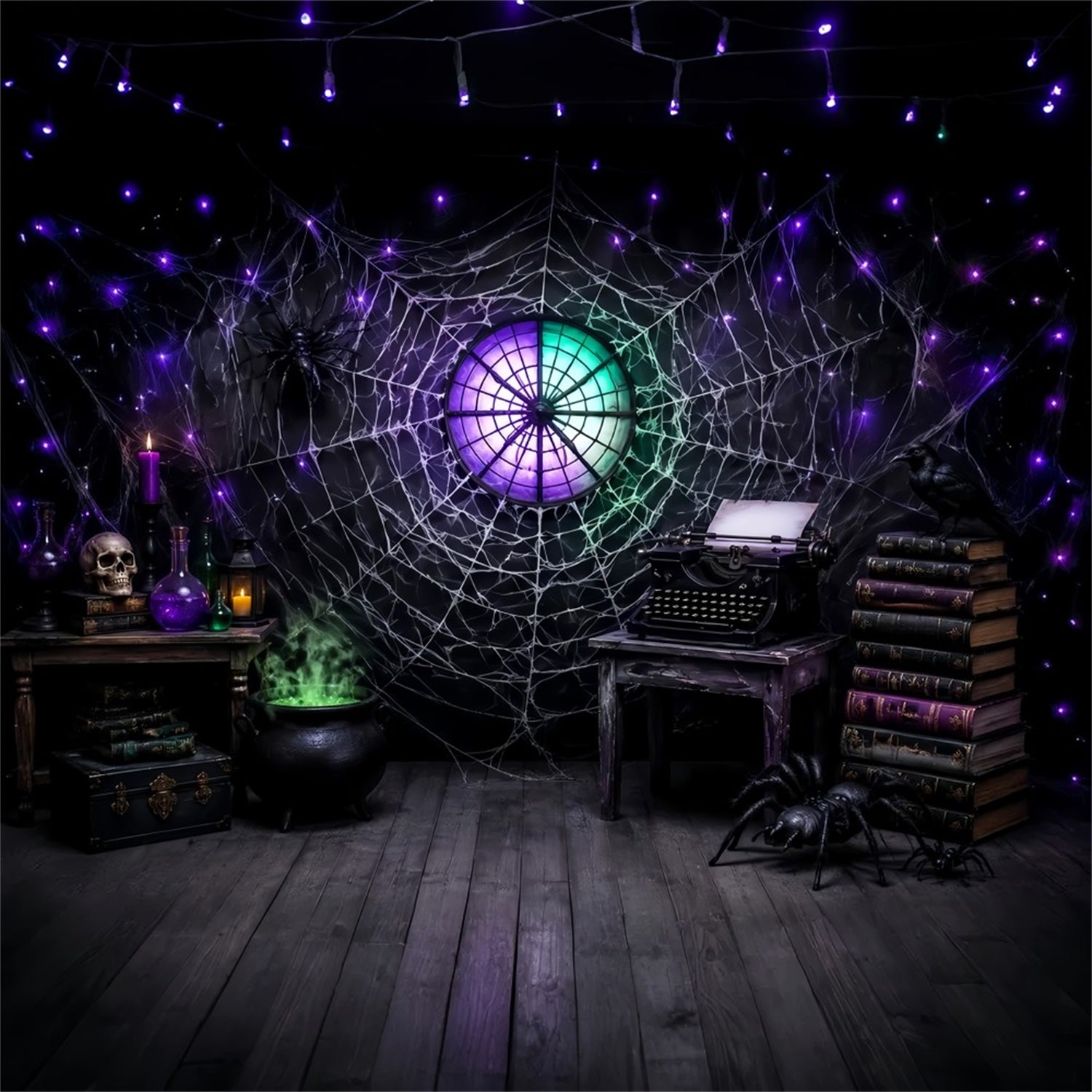 Halloween Backdrop Ideas DIY Cobweb Typewriter Spellbook Study Purple Halloween Backdrop LXX67-48