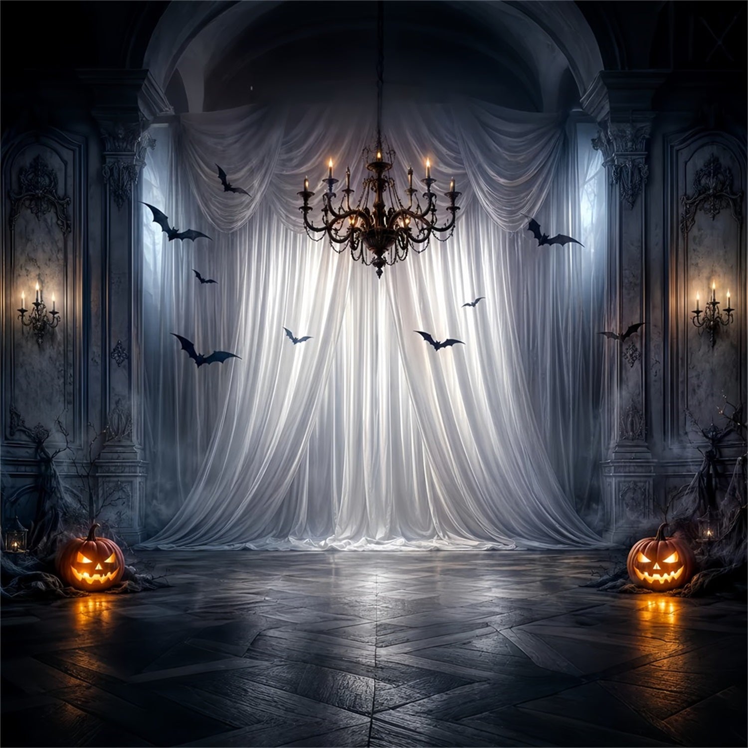 Halloween Party Photo Backdrop Ideas Gothic Drapery Chandelier Bats Creepy Halloween Backdrop LXX67-50