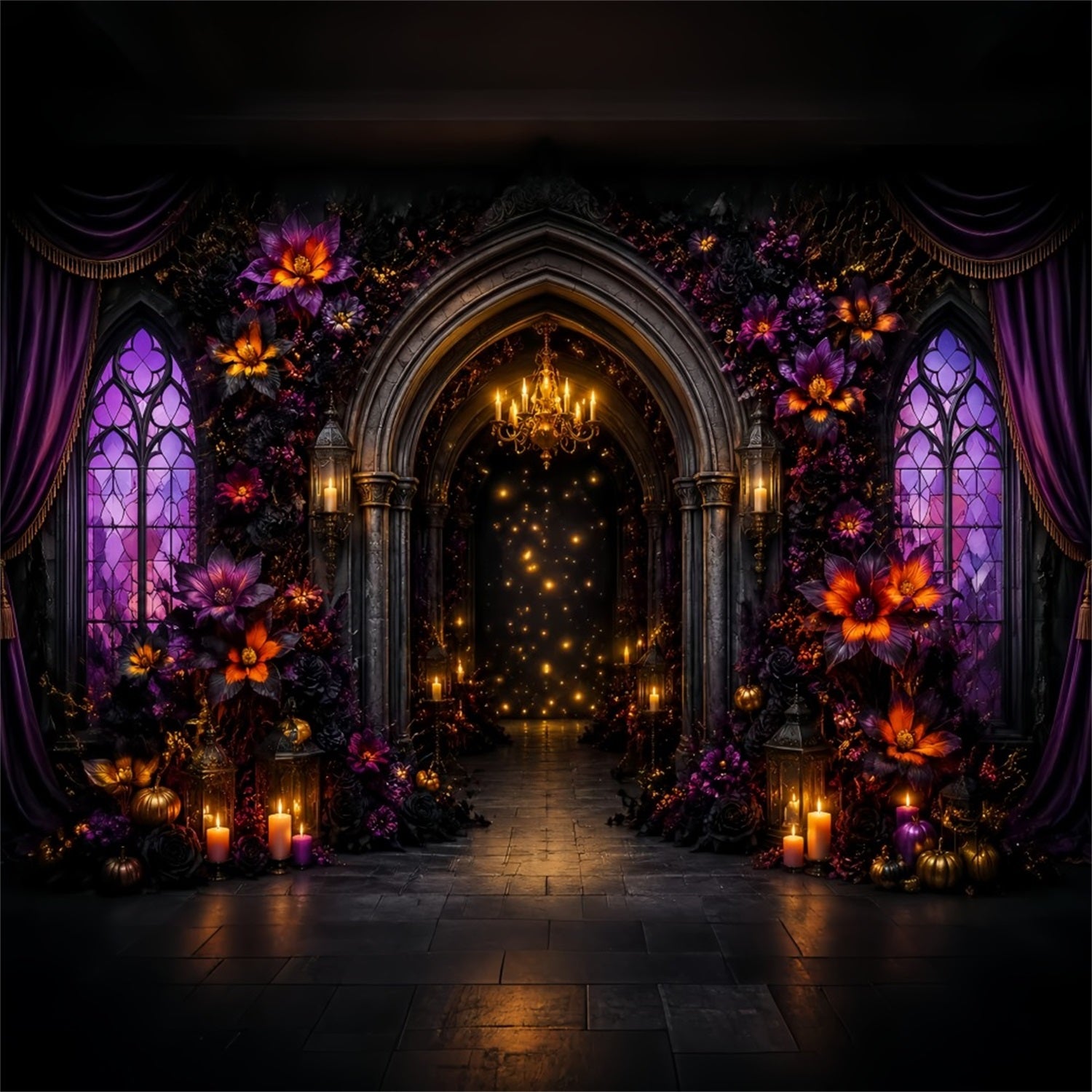 Halloween Scene Backdrop Purple Floral Gothic Arch Backdrop For Halloween LXX67-51