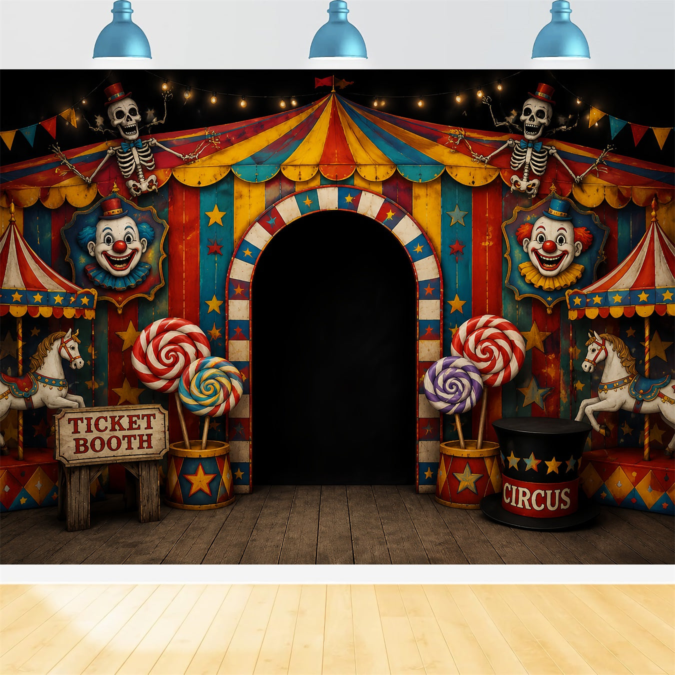 Scary Halloween Photo Backdrops Skeleton Clown Circus Entrance Happy Halloween Backdrop LXX67-52