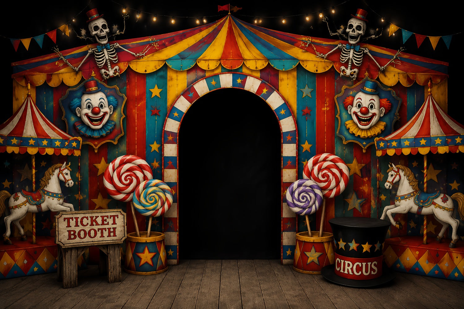 Scary Halloween Photo Backdrops Skeleton Clown Circus Entrance Happy Halloween Backdrop LXX67-52