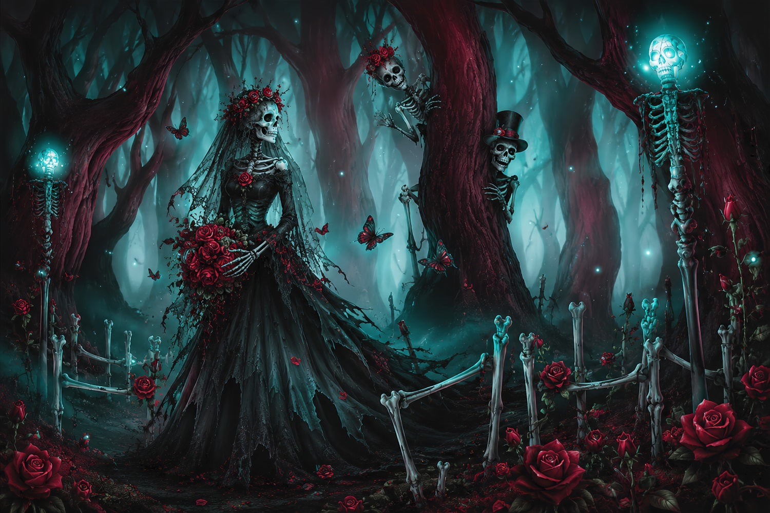 Halloween Wedding Backdrop Skeleton Bride Forest Roses Halloween Photo Backdrop LXX67-59