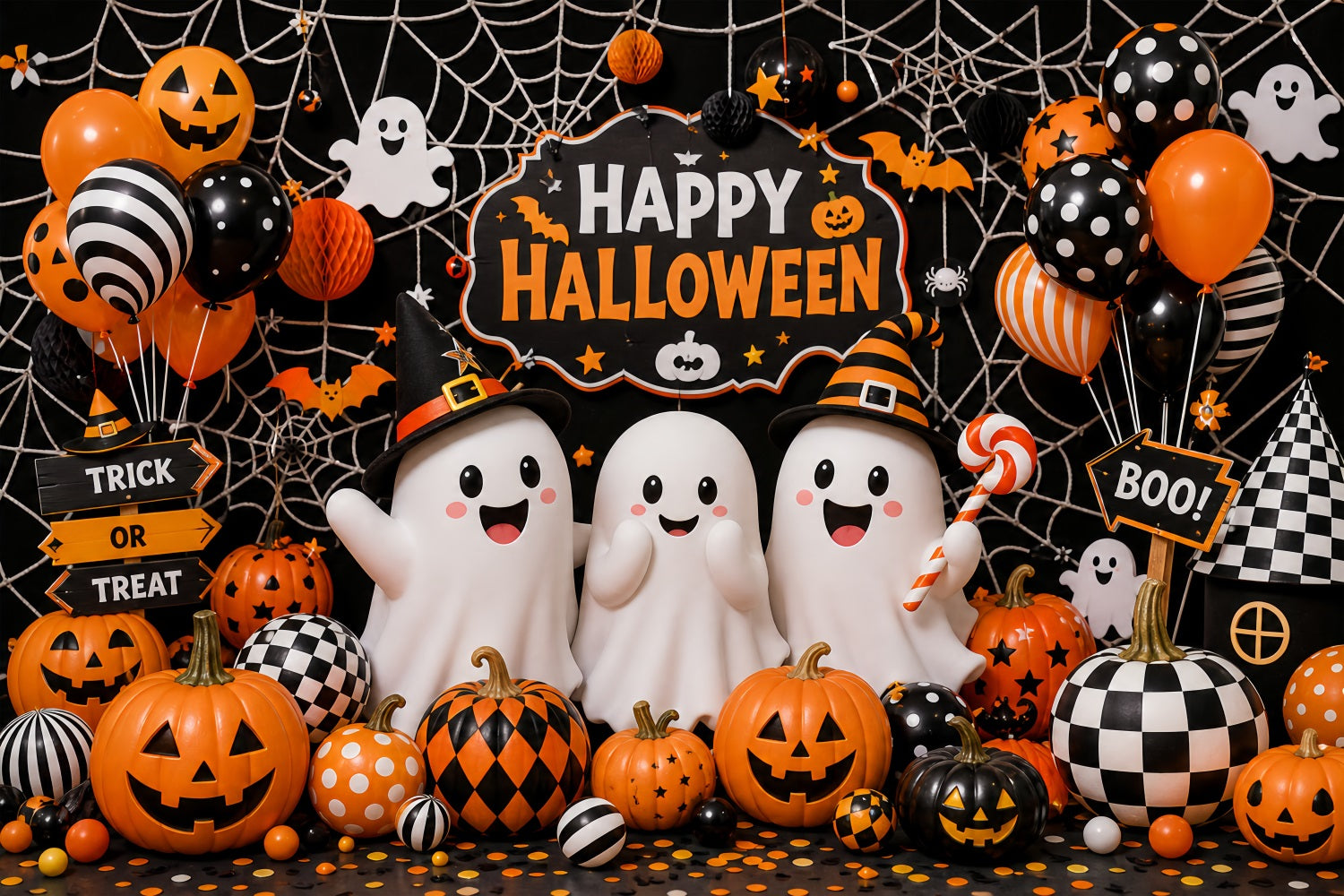 Cute Halloween Backdrops Ghosts Pumpkins Balloons Spiderwebs Halloween Backdrops Scene Setters LXX67-6
