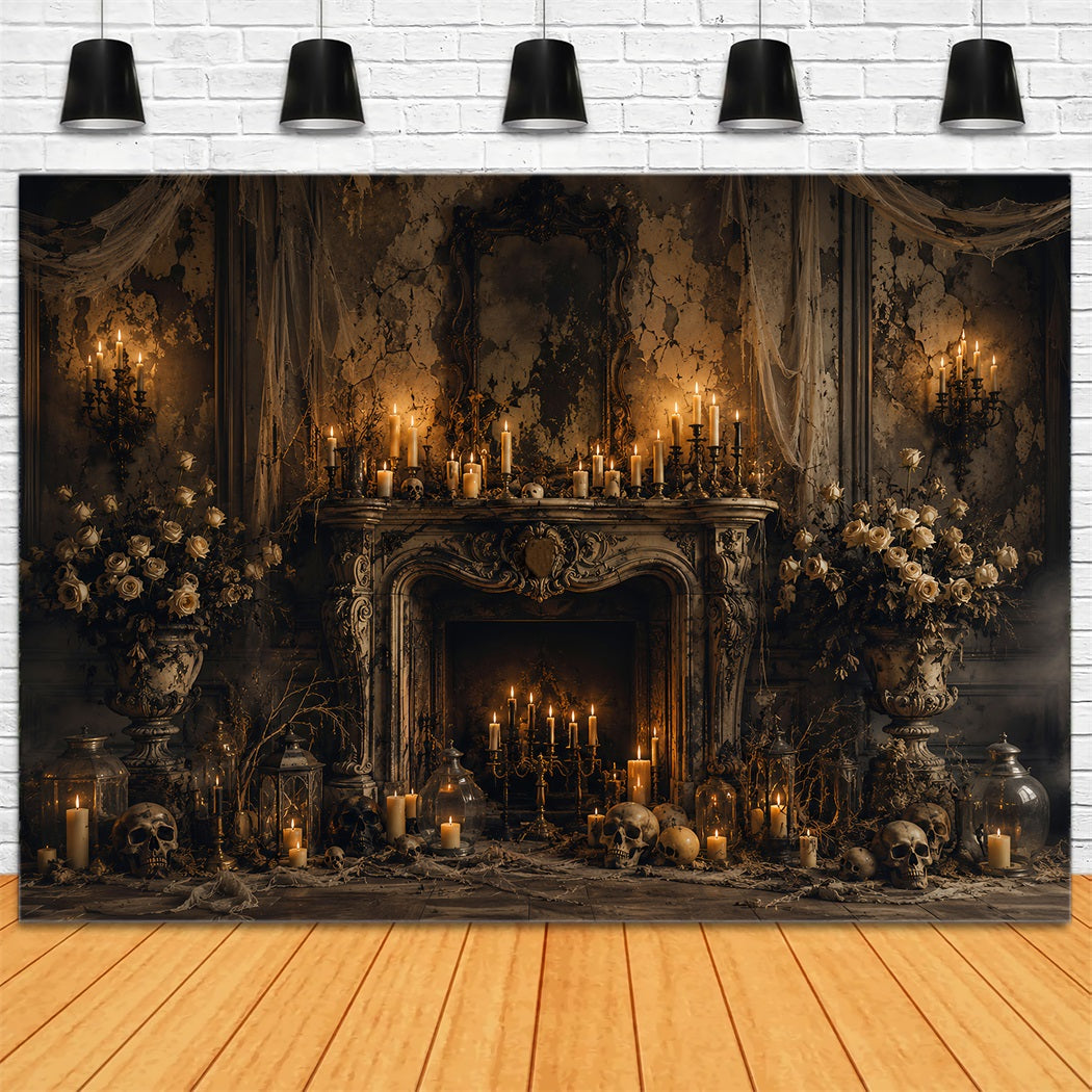 Fabric Halloween Backdrop Gothic Candle Skull Fireplace Halloween Backdrop For Pictures LXX67-61