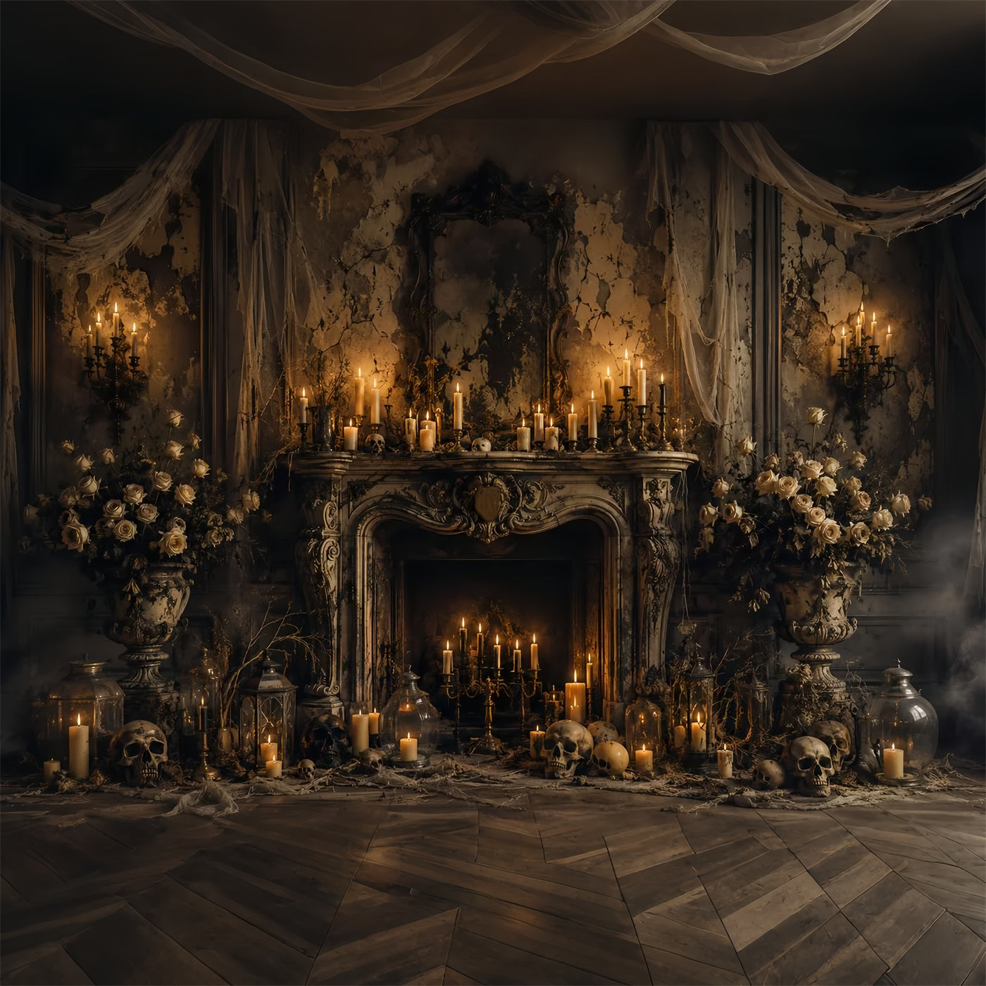 Fabric Halloween Backdrop Gothic Candle Skull Fireplace Halloween Backdrop For Pictures LXX67-61