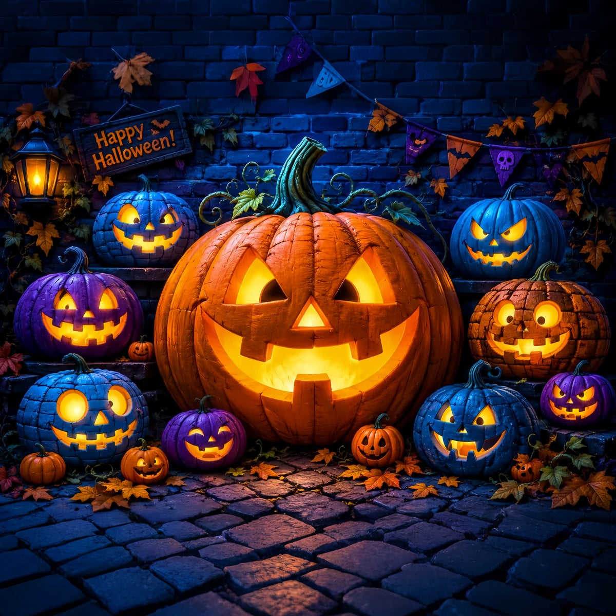 Halloween Pumpkin Backdrop Colorful Lanterns Brick Wall Halloween Photo Backdrop Ideas LXX67-69