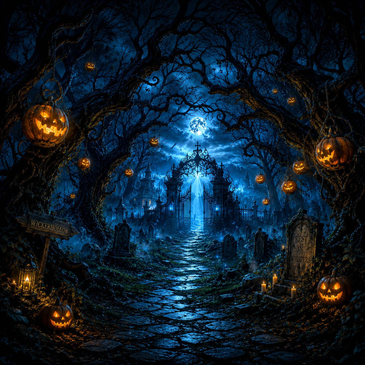Custom Halloween Backdrop Moonlit Pumpkin Cemetery Gate Halloween Graveyard Backdrop LXX67-71