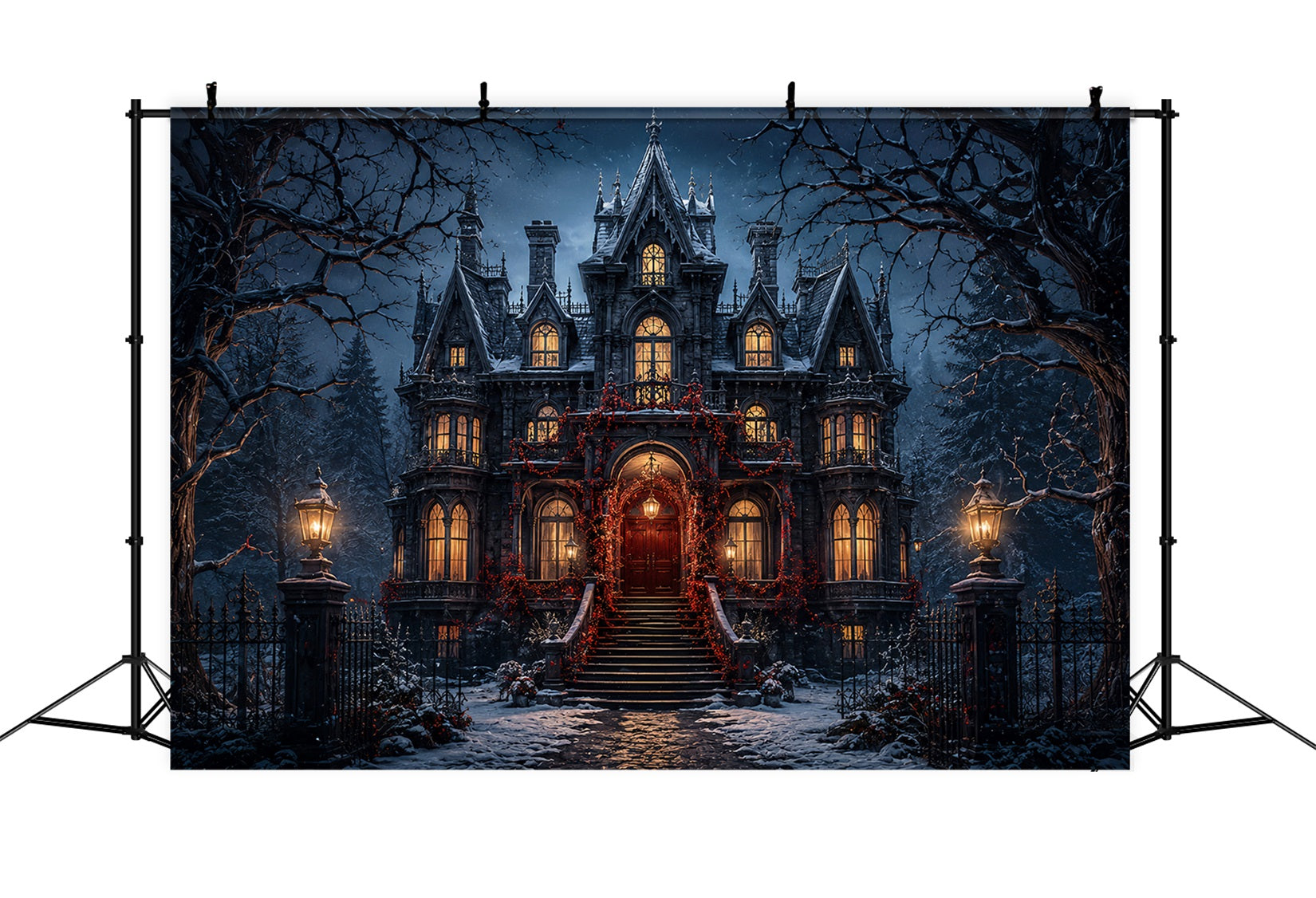 Halloween Castle Backdrop Snowy Gothic Mansion Entrance Large Halloween Backdrop LXX67-73
