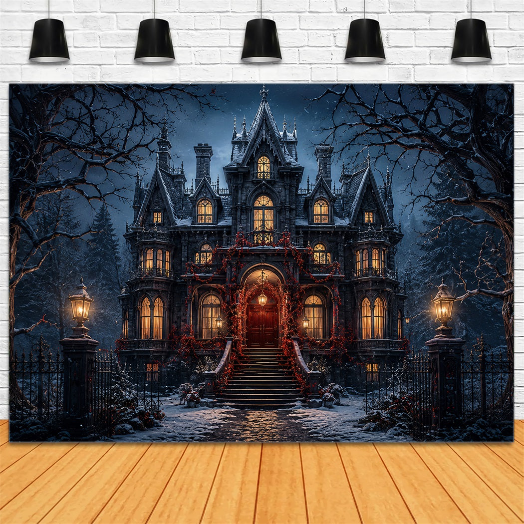 Halloween Castle Backdrop Snowy Gothic Mansion Entrance Large Halloween Backdrop LXX67-73
