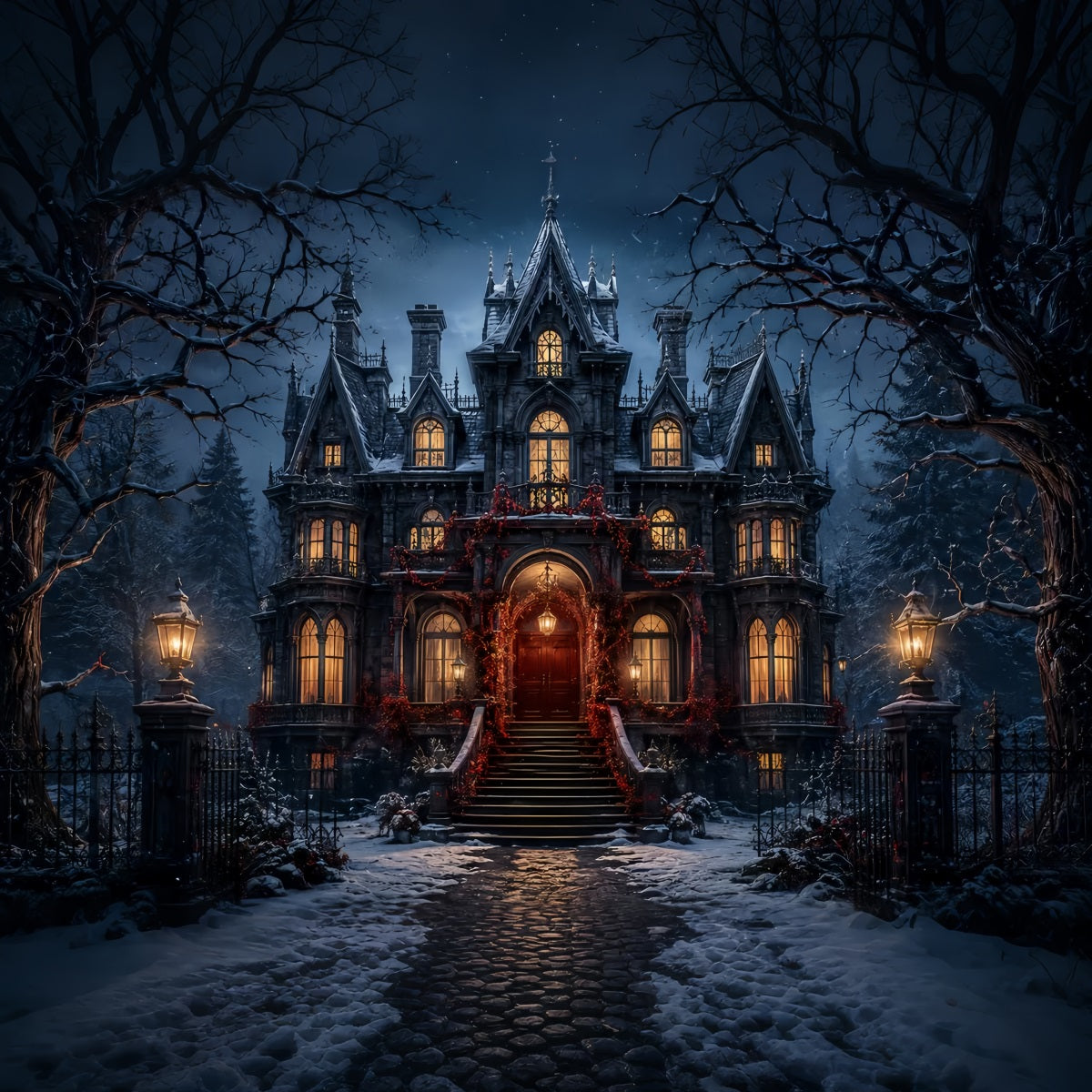 Halloween Castle Backdrop Snowy Gothic Mansion Entrance Large Halloween Backdrop LXX67-73